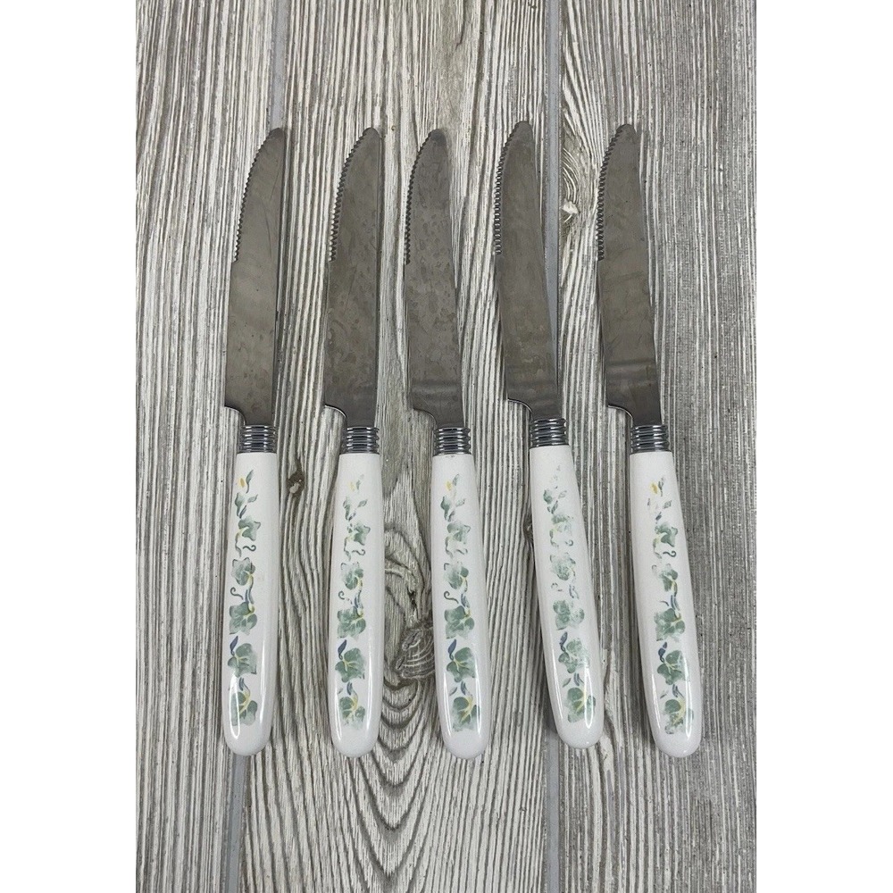 Vintage Ivy Pattern Steak Knives Set of 5 White Green Floral Stainless Steel
